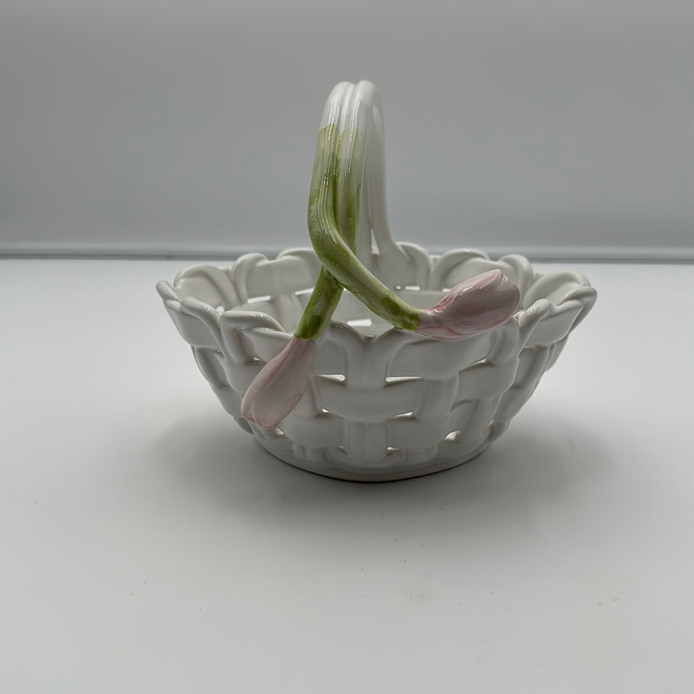 Vintage White Ceramic Woven Basket With Hand-painted Tulips Portugal